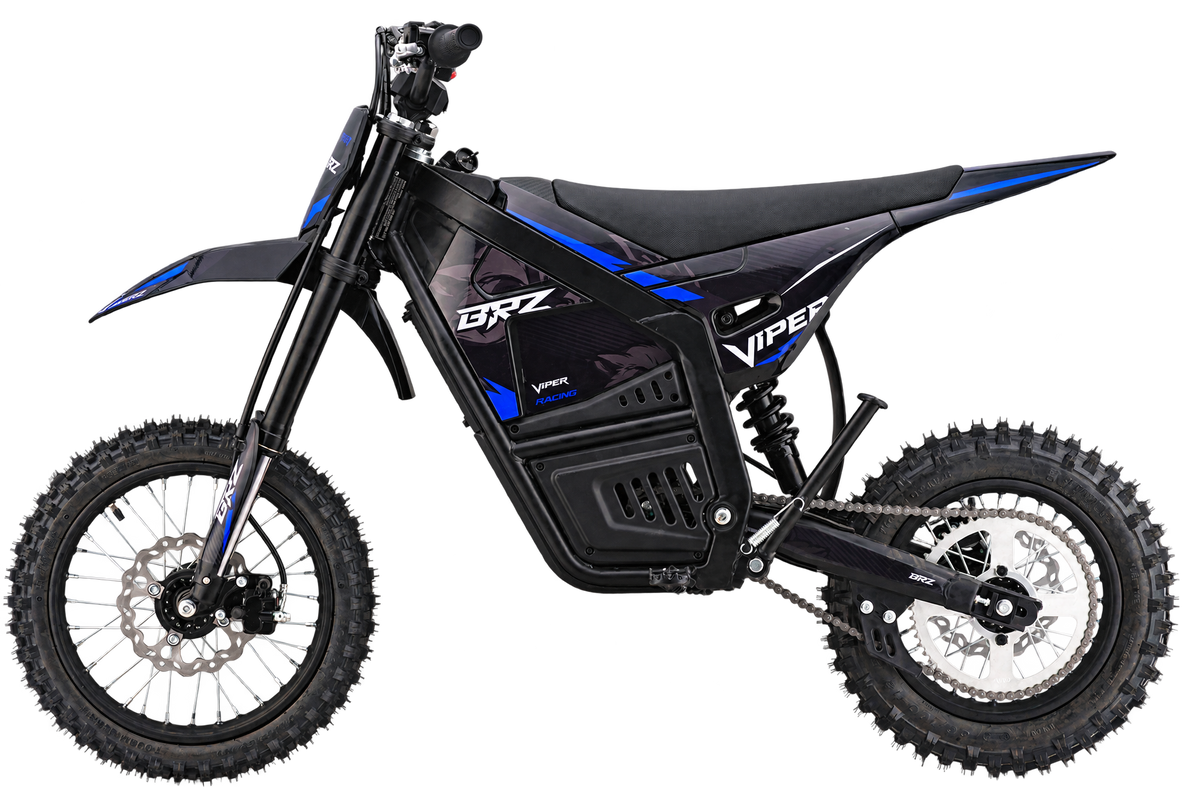 Blue BRZ Viper 60V 4500W electric dirt bike with 14-inch front and 12-inch rear wheels