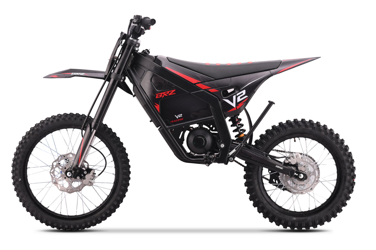 A black and red BRZ V2 electric dirt bike shown from a side profile view against a solid white background.